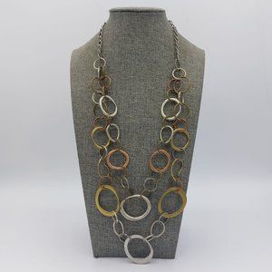 Mixed Metal Necklace Circle Ring Links Gold Copper Silver Brass Toned Two Strand